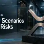 Brushed-metal XRP sculpture in a bank vault illustrating an XRP price prediction 2026 analysis