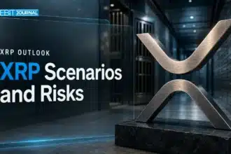 Brushed-metal XRP sculpture in a bank vault illustrating an XRP price prediction 2026 analysis