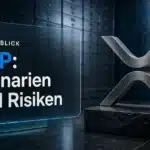 Skulptur des XRP-Symbols aus gebürstetem Metall in einem Banktresor zur XRP Prognose 2026