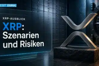 Skulptur des XRP-Symbols aus gebürstetem Metall in einem Banktresor zur XRP Prognose 2026