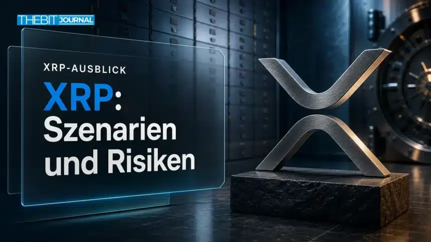 XRP Prognose 2026: Szenarien, wichtige Kursmarken und Risiken 7 Skulptur des XRP-Symbols aus gebürstetem Metall in einem Banktresor zur XRP Prognose 2026