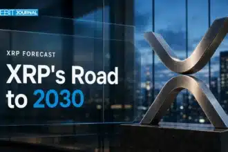 Brushed-metal XRP sculpture in a glass atrium illustrating XRP price prediction 2026-2030