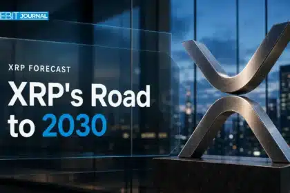 Brushed-metal XRP sculpture in a glass atrium illustrating XRP price prediction 2026-2030