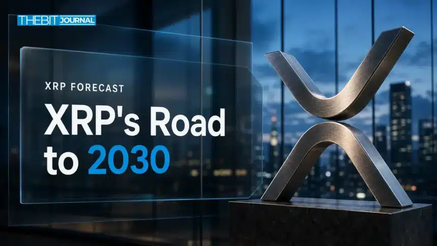 XRP Price Prediction 2026-2030: Scenarios, Analyst Targets and Risks 7 Brushed-metal XRP sculpture in a glass atrium illustrating XRP price prediction 2026-2030