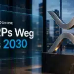 Skulptur des XRP-Symbols aus gebürstetem Metall in einem Glasatrium zur XRP Prognose 2030