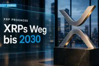 Skulptur des XRP-Symbols aus gebürstetem Metall in einem Glasatrium zur XRP Prognose 2030