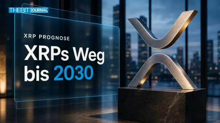 XRP Prognose 2030: Szenarien ab 2026, Analystenziele und Risiken 7 Skulptur des XRP-Symbols aus gebürstetem Metall in einem Glasatrium zur XRP Prognose 2030