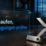 XRP kaufen: Metallskulptur des XRP-Symbols neben Unterlagen und einem Sicherheitsschlüssel