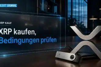 XRP kaufen: Metallskulptur des XRP-Symbols neben Unterlagen und einem Sicherheitsschlüssel