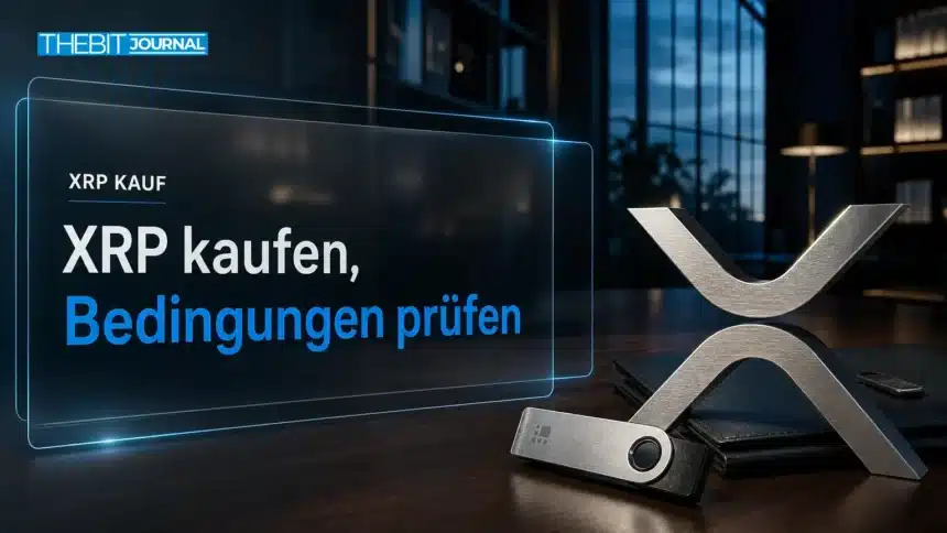XRP kaufen: Was zu Kosten, Verwahrung und Risiken offenbleibt 7 XRP kaufen: Metallskulptur des XRP-Symbols neben Unterlagen und einem Sicherheitsschlüssel