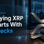 Editorial illustration of a metal XRP symbol and security key beside purchase documents