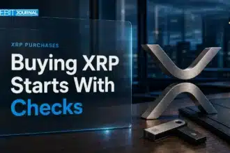 Editorial illustration of a metal XRP symbol and security key beside purchase documents