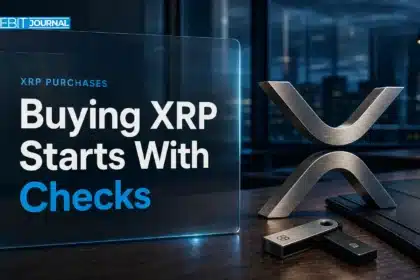 Editorial illustration of a metal XRP symbol and security key beside purchase documents