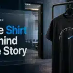 Illustrative XRP-themed shirt with a speedometer-style motif hanging in a conference wardrobe area
