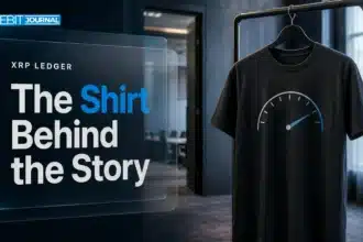 Illustrative XRP-themed shirt with a speedometer-style motif hanging in a conference wardrobe area