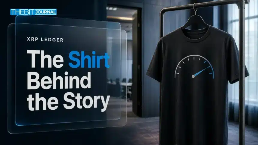Illustrative XRP-themed shirt with a speedometer-style motif hanging in a conference wardrobe area